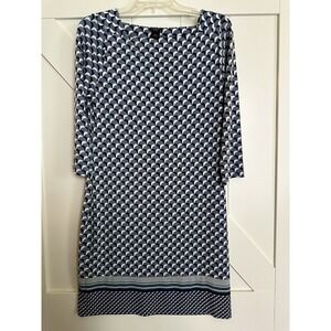 Ann Taylor Sheath Dress Petite's Medium Blue‎ White Geometric Print 3/4 Sleeve